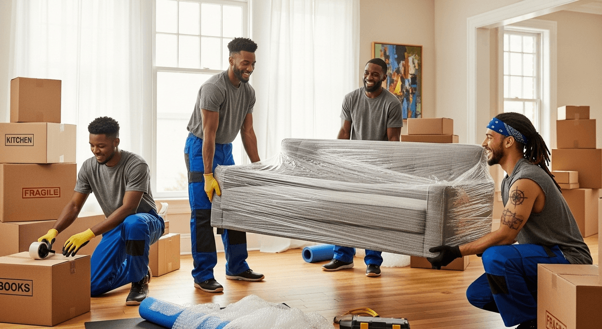 Happy family moving boxes